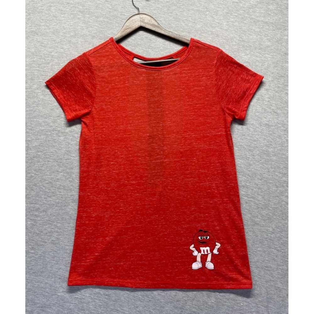 M&M's World T Shirt Womens Small Heather Red Graphic Print Crew Neck Open Back